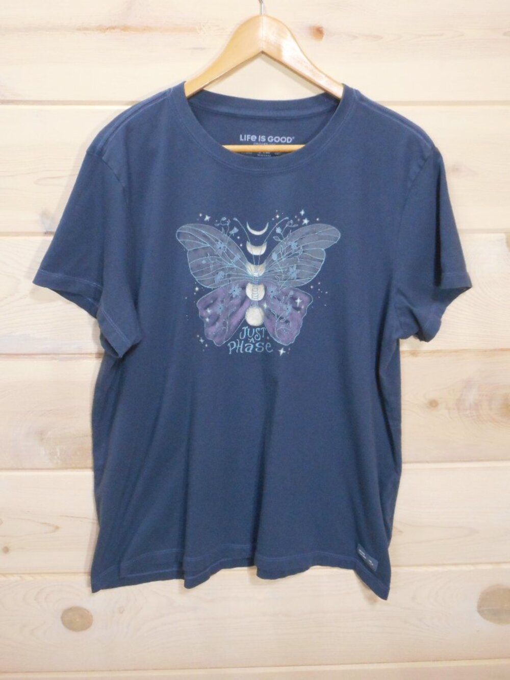 Life is Good Women's XL Just a Phase Butterfly Moth Moon Crusher-Lite Tee Blue